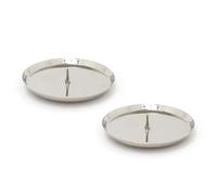 Set of 2 Contemporary Silver Metal Pillar Candle Holder | Church Pillar Candle Plate With Spike | Round Silver Candle Stand Modern Candle Holders - 10cm