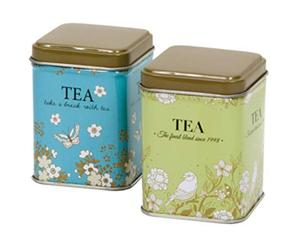 Set of 2 - Cottage Garden - Traditional Retro VIntage Small Square 50g Tea Caddy/Kitchen Storage Tins - BLUE/GREEN - 8.5 x 6 x 6cm