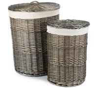 Set of 2 Cotton Lined Wicker Antique Wash Round Laundry Baskets Red Hamper White One Size