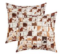 Set of 2 Cowhid Throw Pillow Covers Cow Fur Cushion Case for Home Living Room Decor Reversible Farmhouse Western Farm Animal Skin Grid Plaid Brown White Decorative Throw Cushion Case 24x24 Inch