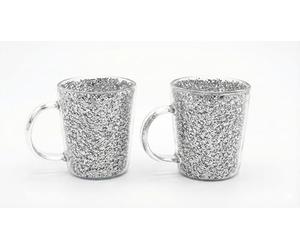 Set of 2 Crushed Crystal Glass Tea Coffee Mugs, Silver Sparkle Decorative Glass Cups with Handle, Drinkware for Tea, Latte, Cappuccino, Elegant Gift Mugs for Home Décor, Dining & Serving Hot Beverages