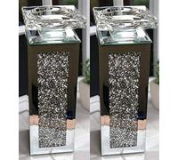 Set of 2 Crushed Diamond Crystal candle holder Tealight holder Clear Silver Mirror Glass Tall Pillar Taper Candle Holder Home Decor Wedding 25cm