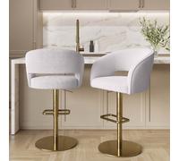 Curved Beige Boucle Adjustable Swivel Barstool with Gold Base - Runa