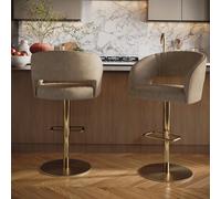 Set of 3 Curved Beige Faux Leather Adjustable Swivel Bar Stools with Gold Base - Runa