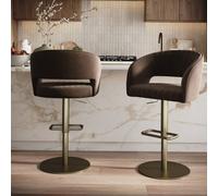 Set of 3 Curved Brown Velvet Adjustable Swivel Bar Stools with Brass Base - Runa
