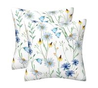Set of 2 Cushion Covers 45 x 45 cm Garden Floral Double Sided Pattern Wild Daisy Windbell Flower Throw Pillow Case Home Decor for Sofa Bed Bench Couch