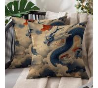 Set of 2 Cushion Covers 50 x 50 cm Blue Outdoor Cushions Covers Waterproof Soft Comfy Linen Square Throw Pillowcases with Invisible Zipper for Living Room Bed Sofa Garden Decor Gifts, Dragon L#1659