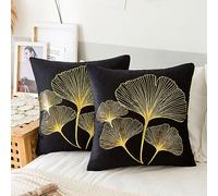 Set of 2 Cushion Covers, Black, 50 x 50 cm, Velvet Cushion Covers, Gold Lines, Ginkgo Biloba Leaves Pattern, Decorative Cushion, Soft, Comfortable Cushion Covers for Bedroom, Sofa, Couch, Bed