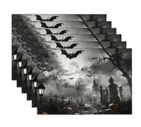 Set of 2 Dark Graveyard Wind Placemats for Table | Cotton-linen blend Placemats Featuring Bat Church Tombstone, Heat Resistant to Protect Work Surfaces,