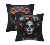 Set of 2 Day of The Dead Mexico Sugar Skull Throw Pillow Cover Decorative Pillow Covers Throw Pillow Case Cushion Case for Room Bedroom Sofa Chair Car Home Decor Gifts 18x18 Inches