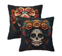 Set of 2 Day of The Dead Mexico Sugar Skull Throw Pillow Cover Decorative Pillow Covers Throw Pillow Case Cushion Case for Room Bedroom Sofa Chair Car Home Decor Gifts 18x18 Inches