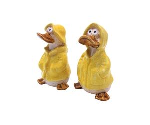 Set of 2 decorative figures, garden decoration, rain ducks, duck figures, garden figure, duck, pond figure duck in yellow with raincoat and hat, set of 2, size of a garden figure, L/W/H 6 x 6 x 11 cm.