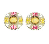 Set of 2 Decorative Lotus Green MDF Tea Light with Beads T Light Holder Candle Stand Tealight T-Light Holders Lightning Accessories Festival diwali Home Decor Gifts(Without Wax)(Size:-4" Inches)(Pink)
