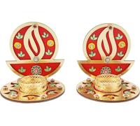 Set of 2 Decorative MDF Wooden Diya T Light Holder Candle Stand Tealight Holder for Indian Traditional Festival Diwali Decorations Lighting Accessories (Without Wax)(Size:-4" Inches)(Red)
