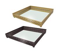Set of 2 - Decorative Mirror Tray Mirrored Glass Tray Perfume Vanity Dresser Tray Make up Jewelry Tray Cosmetics Organiser Candle Tealight Plate Display Tray For Home Decor Bedroom (Brown+Gold)