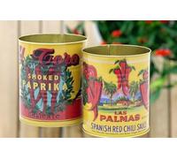 Set of 2 Decorative Replica Mediterranean Chilli Cans - 2 Mediterranean style Retro Chilli Metal Storage Tin Set -Vintage Style Metal Food Display Cans. Ideal for plants, pens, keys, cutlery.
