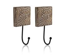 Set of 2 Decorative Wooden & Cast Iron Vintage Rustic Coat Hanger Wall Mounted Jacket Robe Towel Door Hook Rack Holder Rail For Hallway Living Room Entryway Bathroom Bedroom Home Decor Accents