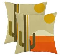 Set of 2 Desert Sunset Pillow Covers, Burnt Orange Yellow Bohemian Cactus Pattern, Summer Throw Pillow Cases for Sofa Couch Bed Home, Breathable Outdoor Cushion Cover 16x16 Inch
