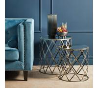 Set of 2 Diamond Design Silver Frame Side Tables with Round Mirrored Top | Avant