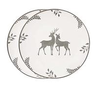 Set of 2 Dinner Plates - Hand Painted Grey & White Reindeer Stoneware Crockery Dishwasher & Microwave Safe Christmas Reindeer Dinnerware Set