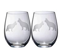 Set of 2 Dog Stemless German Shepherd Wine Glasses by The Wine Savant - Puppy & Doggy Lover for Him and Her Dogs Silhouette - Glass Gifts Etched Tumblers for Anniversary, Wedding, Home Bar Gifts
