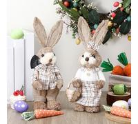 Set of 2 Easter Decorations 14" Straw Bunny Figurines with Basket Easter Rabbit Figurines Rustic Couple Statues for Table Home Office Kitchen Farmhouse