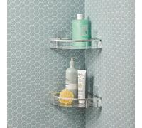 Set Of 2 Easy-Fix Corner Shelves - Silver Metal Shelving With Drainage Holes & Self-Adhesive Fixing Pads For Shower & Bathroom