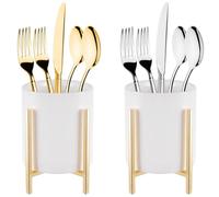 Set of 2 Elegant Cutlery Holders, White Ceramic with Gleaming Gold Metal Support, Solid Utensil Caddy, Round Organizer for Kitchen Counter and Desktop