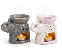 Set of 2 Elephant Ceramic Oil & Wax Melt Burners - Grey & White - Tealight Aroma Diffuser for Fragrance Oils, Essential Oils, Wax Melts - Home Décor Ornament - 10x8cm