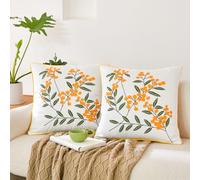 Set of 2 Embroidered Florals Throw Pillow Covers 18 x 18 - White Cushion Covers with Yellow and Green Botanical Design, Decorative Pillow Cases with Hidden Zipper for Sofa, Bed, and Living Room Decor