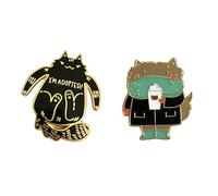 Set of 2 Enamel Pins - "I'm Adopted" Cat & Coffee Lover Animal Design, Decorative Brooches for Backpacks & Jackets, Ideal Gift for Pet Enthusiasts