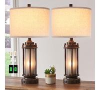 Set of 2 Farmhouse Lamps for Living Room, Rustic Vintage Bedroom Nightstand Table Lamp with 2 USB Charging Ports, Built-in Frosted Glass Night Light for End Table Entryway, 4 Bulbs Included (Bronze)