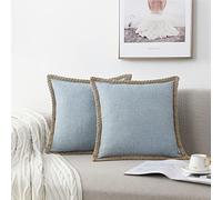Set of 2 Farmhouse Throw Pillow Covers - Burlap Linen Trimmed Tailored Edges Decorative Cushion Covers for Bed Home Outdoor Decoration, 26" x26", Blue