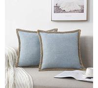 Set of 2 Farmhouse Throw Pillow Covers - Burlap Linen Trimmed Tailored Edges Decorative Cushion Covers for Bed Home Outdoor Decoration, 24" x24", Blue