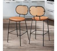 Set Of 2 Faux Leather Bar Stools With Rattan Back Brown Rafaelo Mobilia Brown One Size