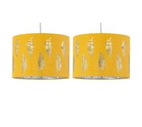 firstchoicelighting Set of 2 Ochre Yellow Pendant Shades, Easy Fit Ceiling Lightshades, Fern Leaf Cut Out Design, Diameter 25cm