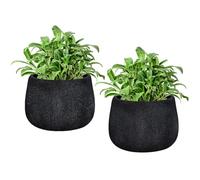 Set of 2 Fibre Clay Plant Pots 29cm Round Planters (Black, Small, 8.5L) | Fibre Clay, Drainage Hole, Patio, Decking, Lawn, Doorstep, Porch, Lawn, Rippled Finish, Round, Planter, Plant Pot