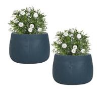 Set of 2 Fibre Clay Plant Pots 29cm Round Planters (Dark Blue, Small, 8.5L) | Fibre Clay, Drainage Hole, Patio, Decking, Lawn, Doorstep, Porch, Lawn, Rippled Finish, Round, Planter, Plant Pot