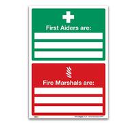 Set of 2 - First Aiders Are Fire Marshals Are Sign - A4 297 x 210mm, 1mm Rigid Plastic - ISO 7010 Standards - Promote First Aid and Fire Safety - Ensure Emergency Safety in Your Workplace