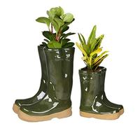 Set of 2 Flower Pot Planters - Small & Large Wellington Boot (Dark Green) | Ceramic, Wellington Boot Planter, Plant Pot, Flower Pot, Planter, Drainage Hole, Removable Stopper