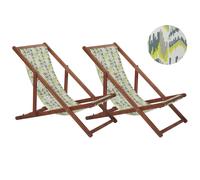 Beliani Set of 2 Acacia Folding Deck Chairs and 2 Replacement Fabrics Dark Wood with Off-White / Yellow and Grey Pattern ANZIO
