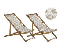 Set of 2 Folding Deck Chairs ANZIO with Replacement Fabrics Abstract Motif Acacia Wood Light Brown
