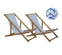 Set of 2 Folding Deck Chairs ANZIO with Replacement Fabrics Abstract Motif Acacia Wood Light Brown
