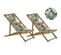 Set of 2 Folding Deck Chairs ANZIO with Replacement Fabrics Animal Motif Acacia Wood Light Brown