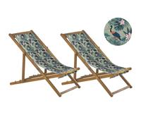 Set of 2 Folding Deck Chairs ANZIO with Replacement Fabrics Animal Motif Acacia Wood Light Brown