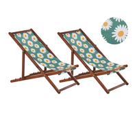 Beliani Set of 2 Acacia Folding Deck Chairs and 2 Replacement Fabrics / Chamomile Pattern ANZIO, Green