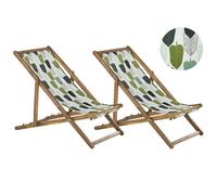 Beliani Set Of 2 Folding Deck Chairs Anzio With Replacement Fabrics Floral Motif Acacia Wood Light Brown