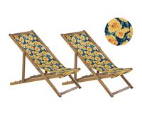 Beliani Set of 2 Acacia Folding Deck Chairs and 2 Replacement Fabrics / Yellow Floral Pattern ANZIO, Yellow
