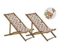 Set of 2 Folding Deck Chairs ANZIO with Replacement Fabrics Floral Motif Acacia Wood Light Brown