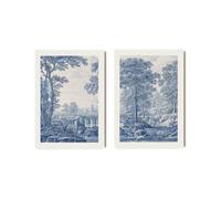 Set of 2 Frederick van Frijtom Chinoiserie Panel Prints | Two French Paintings, Blue Delft Drawing, Vintage Italian Landscape Wall Art